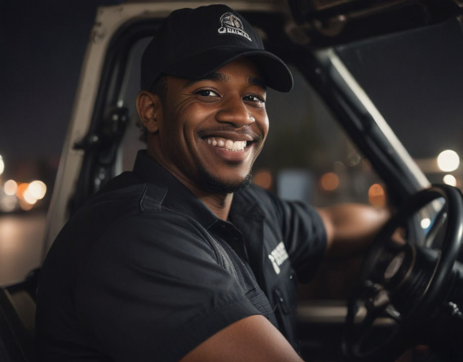 A black tow truck driver, heroically smiling, in the driver seat at night.