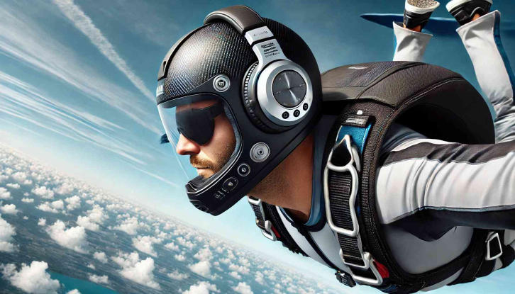 Skydiver enjoying music mid-air, wearing a sleek audio-equipped helmet.