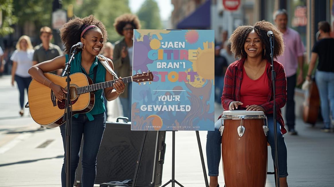 Street musicians performing beside a bright printed standee sign showing personalized artistic design.